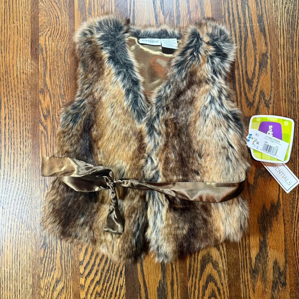 Kids "R" Us NWT Sable Brown Gray Toddler Faux Fur Vest Satin Tie Belt Size 3T